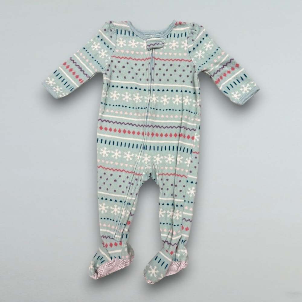 Fair Isle Snowflake Fleece Footed Sleeper Pajamas Baby 12M Mint Pink